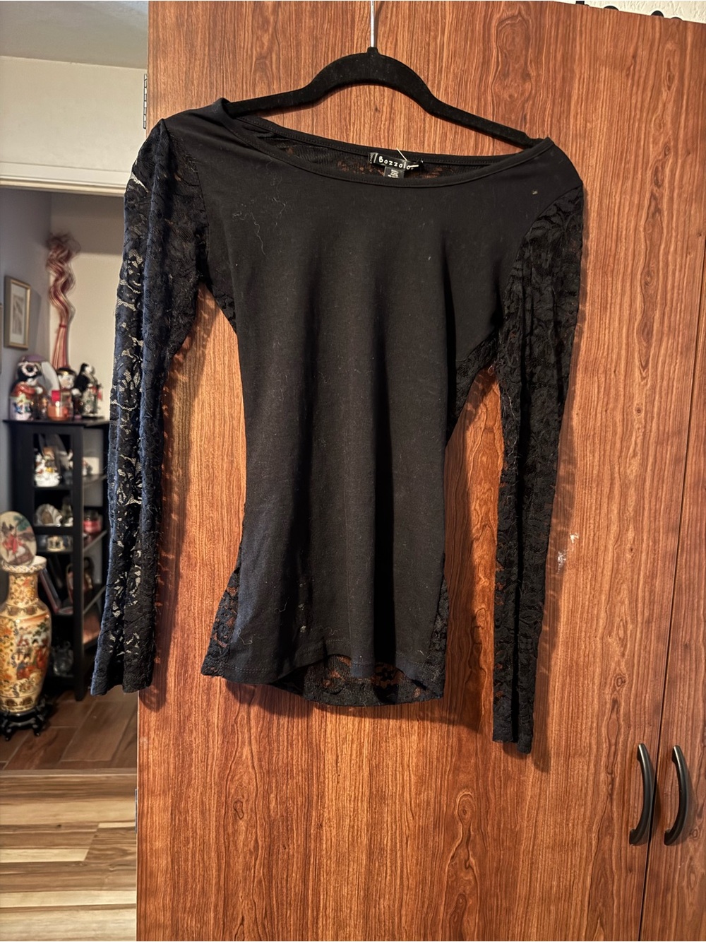 Black Lace Sleeve Boat Neck Long Sleeve Top